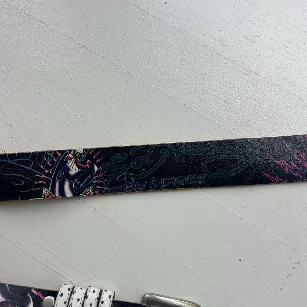 Ed Hardy Y2K Leather Belt Panther Spell Out Floral Studded Unisex Size M